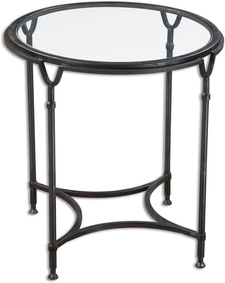 Uttermost Modern Steel Round Accent Side End Table 24 1/2" Wide Aged Black Clear Glass Tabletop for Living Room Bedroom Entryway