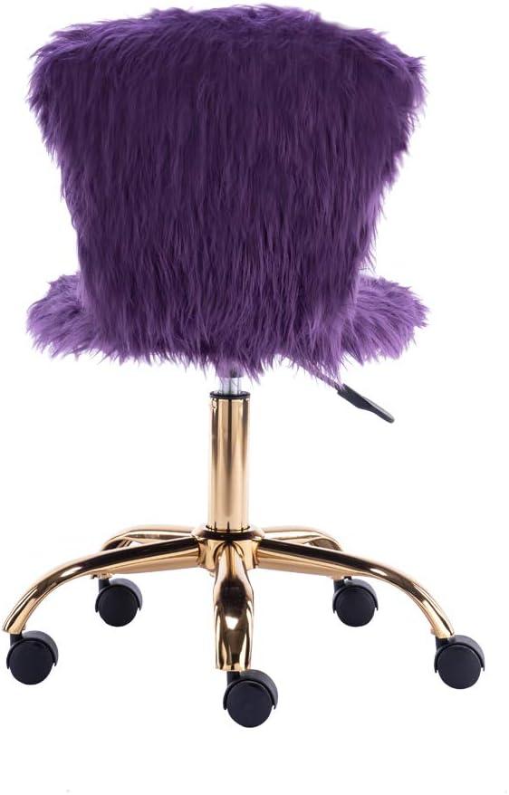 Purple Faux Fur Mid-Back Swivel Vanity Chair with Gold Legs