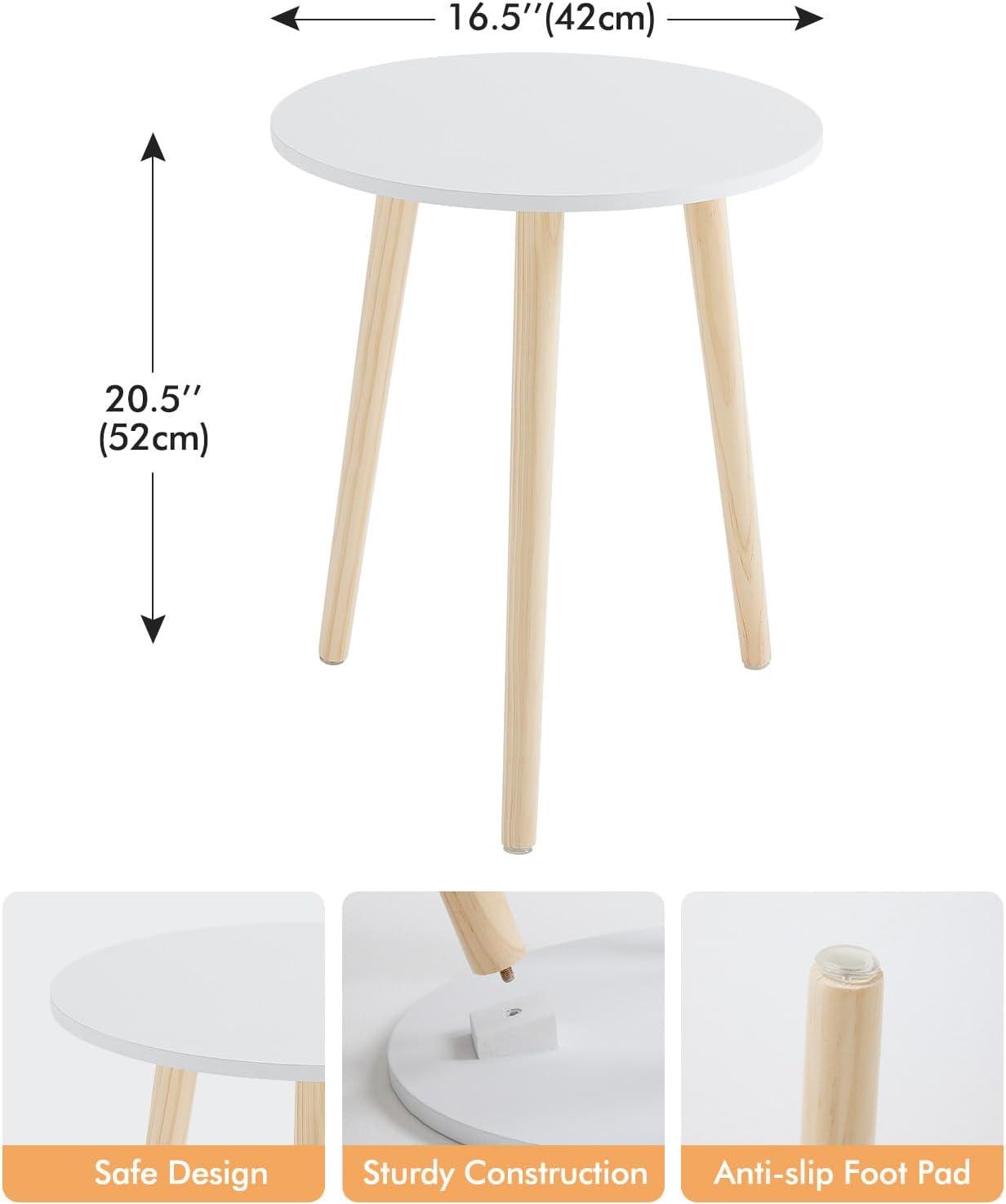 Round Side Table Set of 2, White Nightstand Coffee End Table for Living Room, Bedroom, Small Spaces, Modern Home Decor Bedside Table with Natural Wood Legs, 16.5 Inches