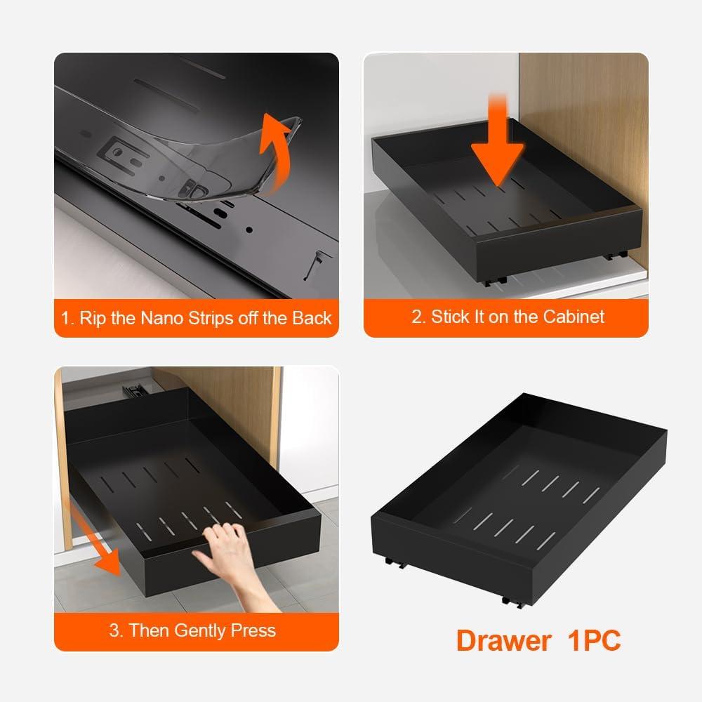 Pull Out Cabinet Organizer, Carbon Steel Cabinet Drawers Slide Out, Pantry Storage Shelves with Nano Adhesive Strip for Kitchen, Bathroom and Living Room 10.3" W X 17.0" D X 2.8H Grey