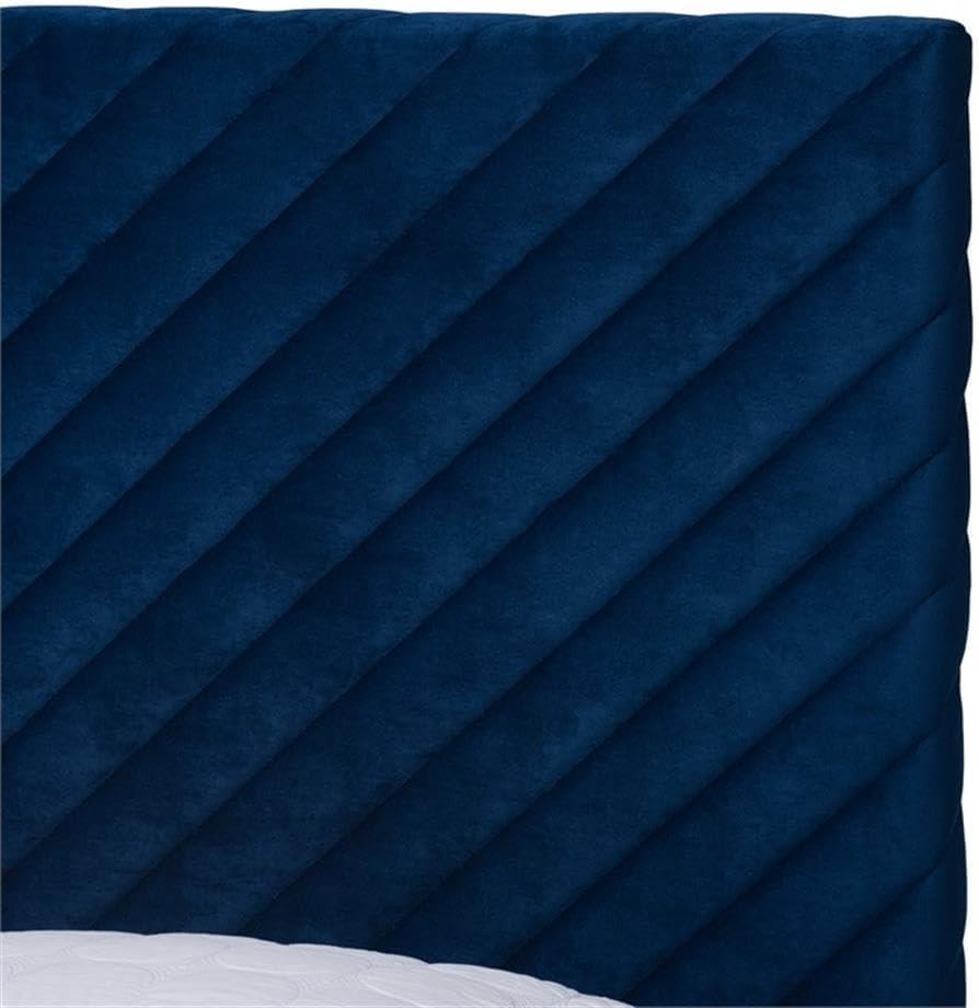 King Fabrico Velvet Fabric Upholstered and Metal Platform Bed Navy Blue/Gold - Baxton Studio