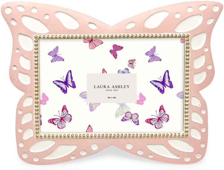 Laura Ashley 4x6 Horizontal Pink Resin Butterfly Picture Frame with Dotted Edges, Photo Frame with Black Fabric Easel, Made for Tabletop & Wall-Hanging Display (6x4, Pink)