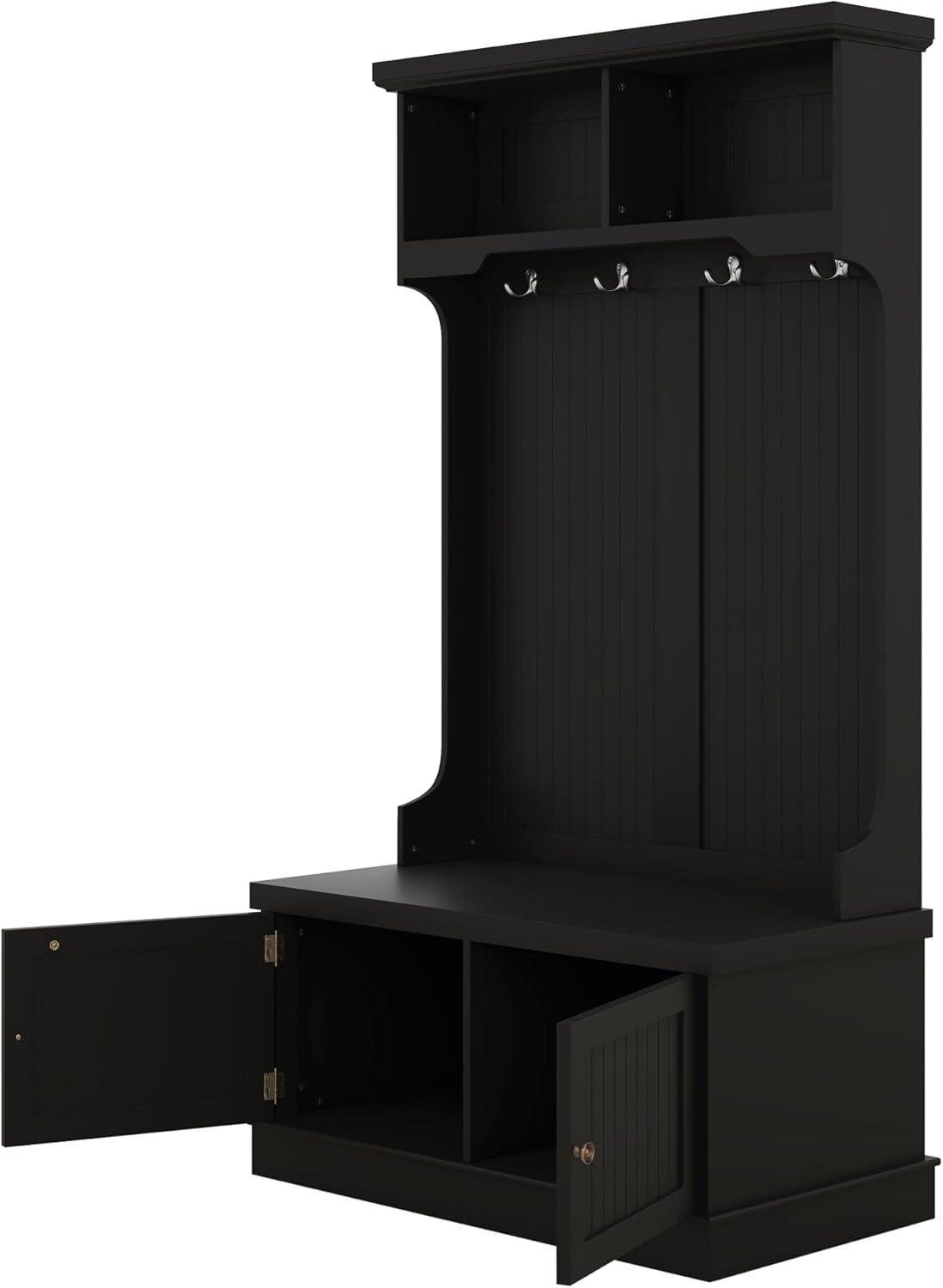 Black Hall Tree with Storage Cabinets and Metal Hooks