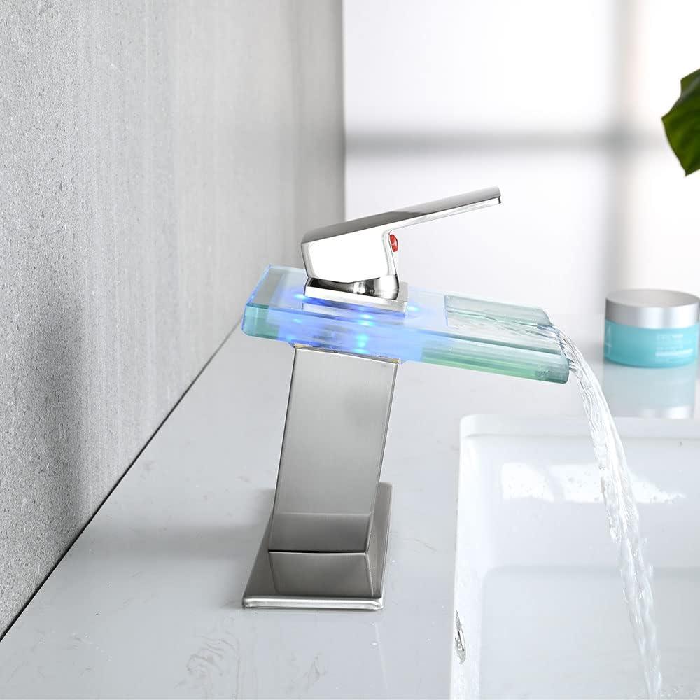 Brushed Nickel LED Waterfall Bathroom Faucet with Glass Spout