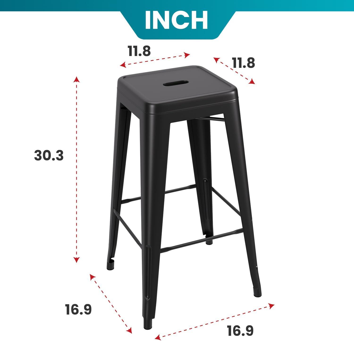 Dkelincs Upgrade Stackable Metal Bar Stools - Set of 4 Counter Height Barstools for Indoor/Outdoor Use - Backless Bar Chairs with Footrest (Black, 30")