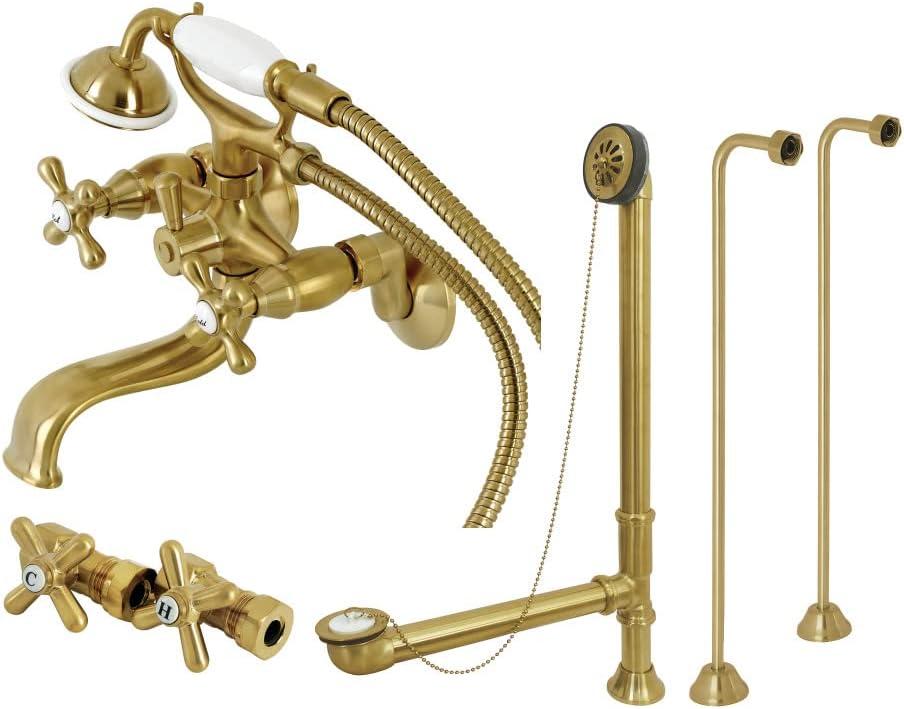 Kingston Brass Kingston Brass Vintage Three-Handle 2-Hole Tub Wall Mount Clawfoot Tub Faucet Package with Supply Line, Hand Shower and Tub Drain CCK225SN