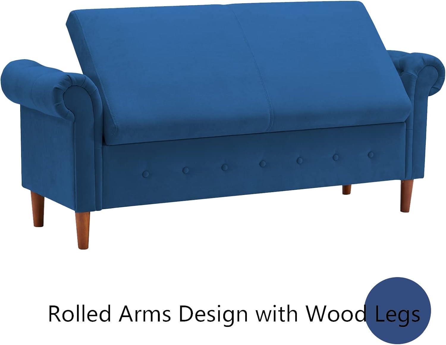 Navy Blue Linen Rolled Arm Storage Bench with Wooden Legs