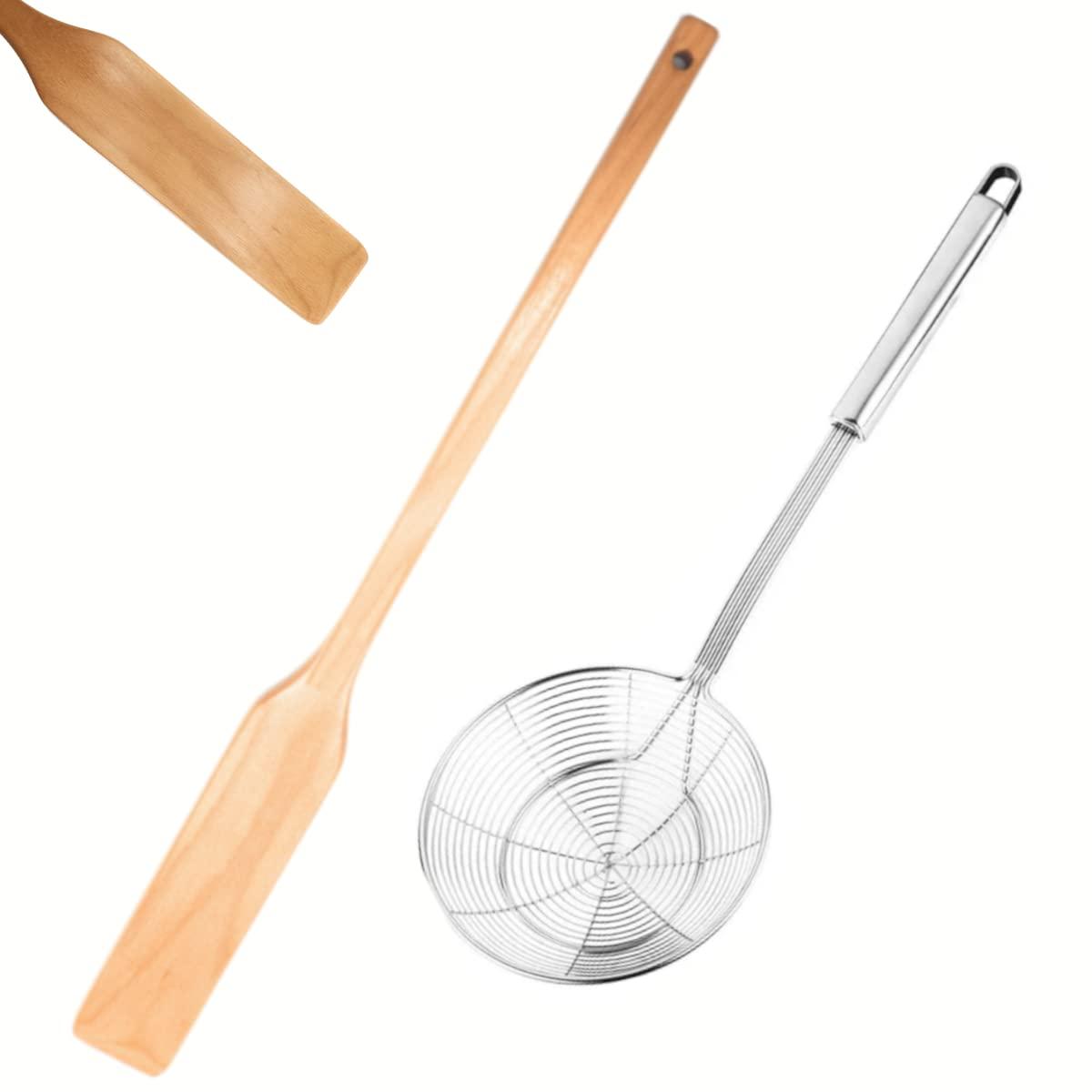 Extra Long 24 Inch Wooden Spoon and 16 Inch Stainless Steel Spider Strainer Skimmer, Large Wood Stirring Paddle for Cooking, Mixing, Home Brewing, Cajun Crawfish, Seafood and Crab Pot Boil Accessories