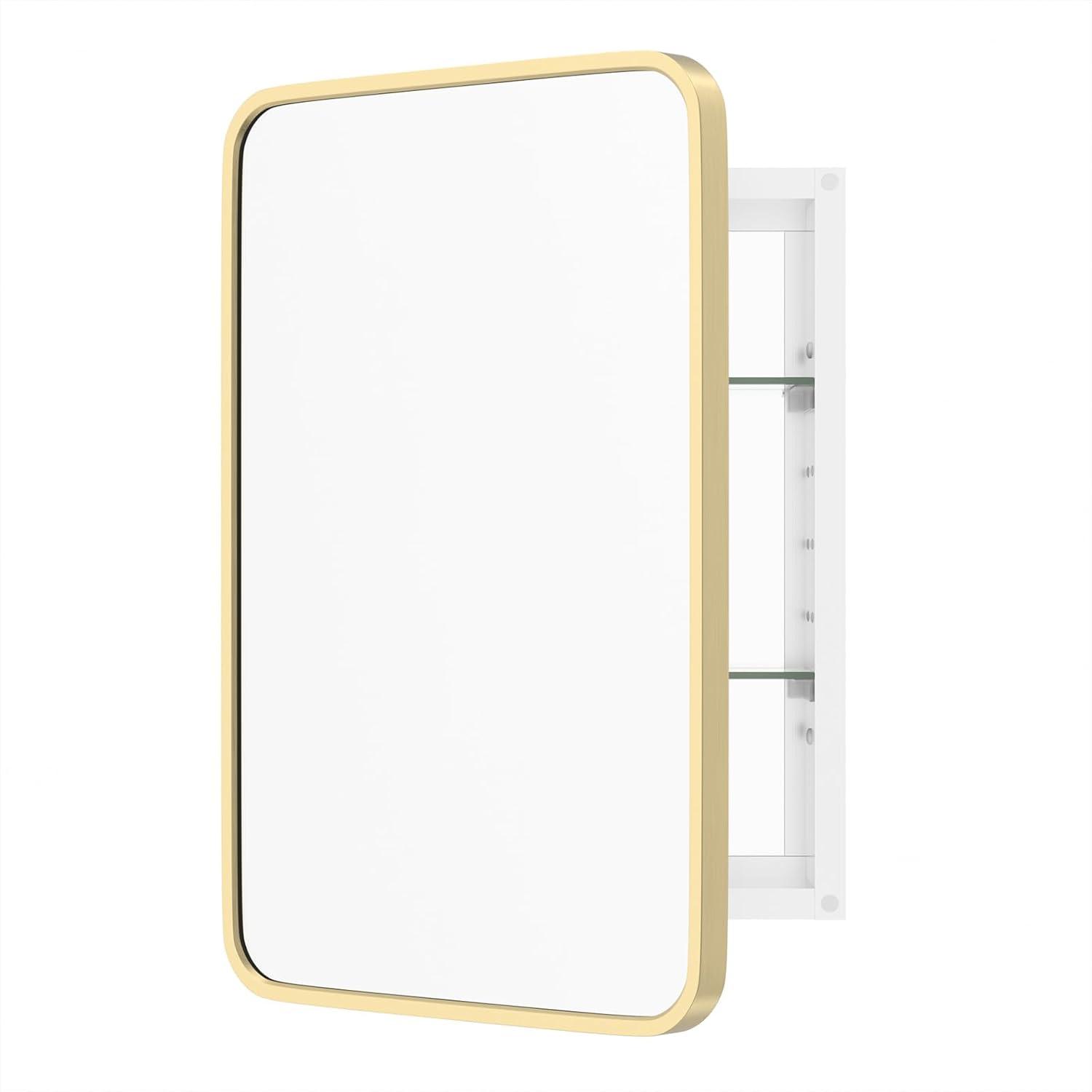 Bathroom Medicine Cabinet With Mirror, 16X24 Inch Gold Recessed Medicine Cabinet With Round Corner Aluminum Alloy Metal Framed, Single Door Modern Medicine Cabinet With Storage