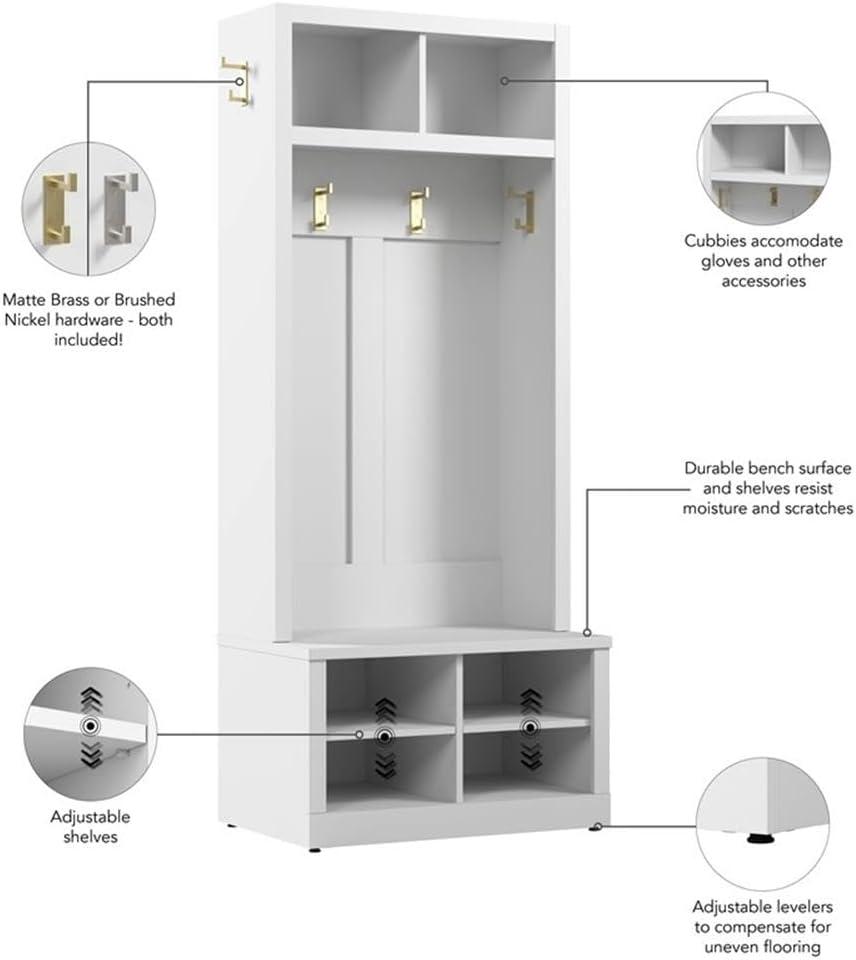 Hampton Heights 30W Hall Tree and Shoe Bench in White - Engineered Wood