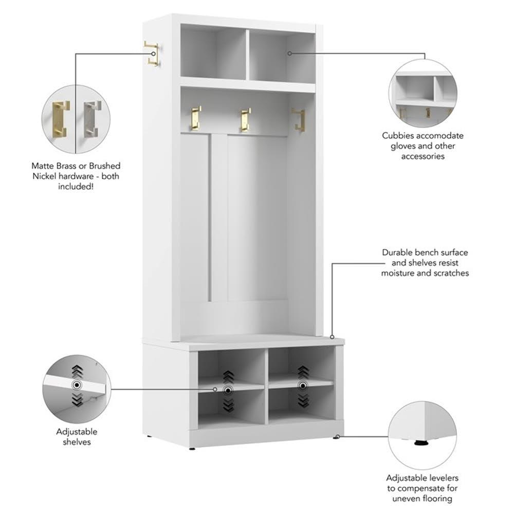Hampton Heights 30W Hall Tree and Shoe Bench in White - Engineered Wood