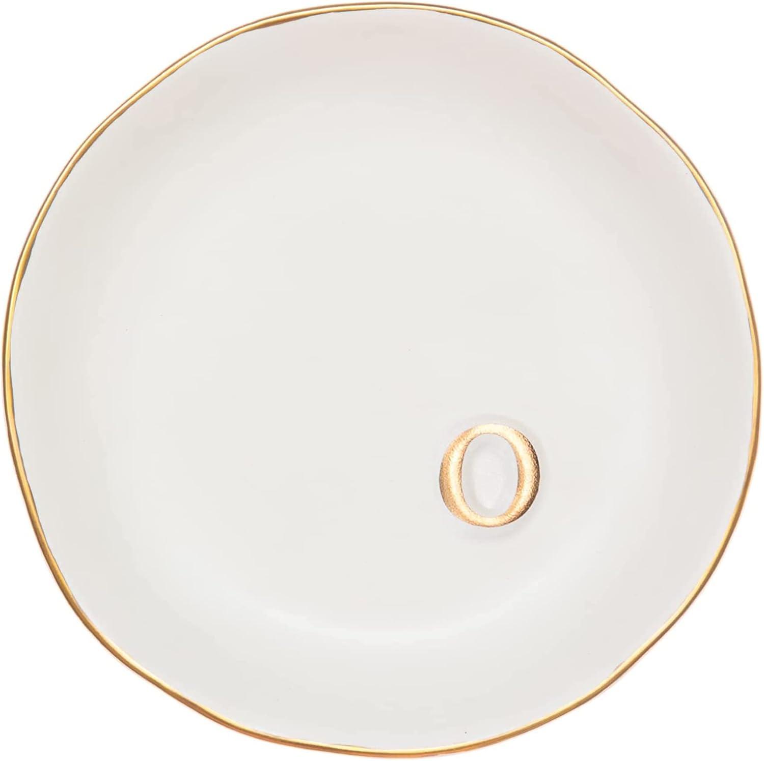 White Ceramic Jewelry Dish with Gold Monogram Accent