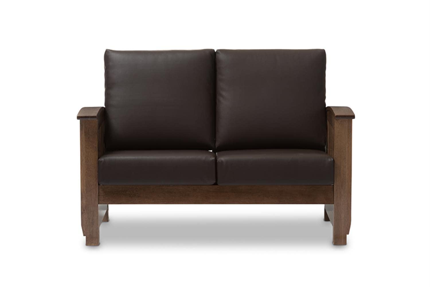 Charlotte Modern Classic Mission Style Faux Leather 2 Seater Loveseat Dark Brown/Walnut Brown - Baxton Studio