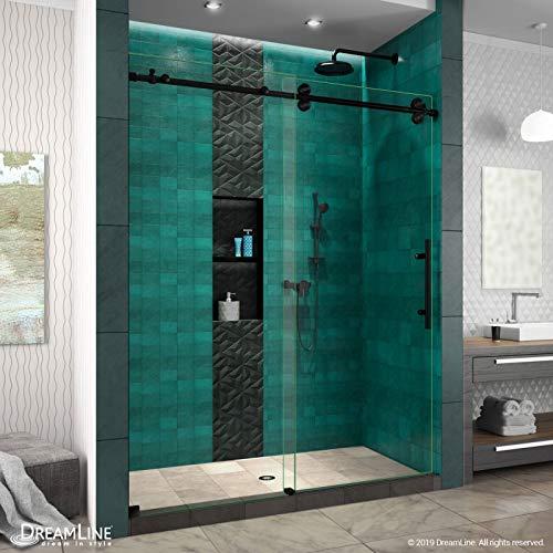 Enigma-XO Frameless Clear Glass Sliding Shower Door in Satin Black Stainless Steel