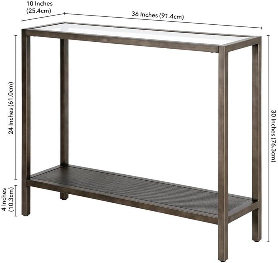 36" Aged Steel and Glass Industrial Hallway Table with Mesh Shelf