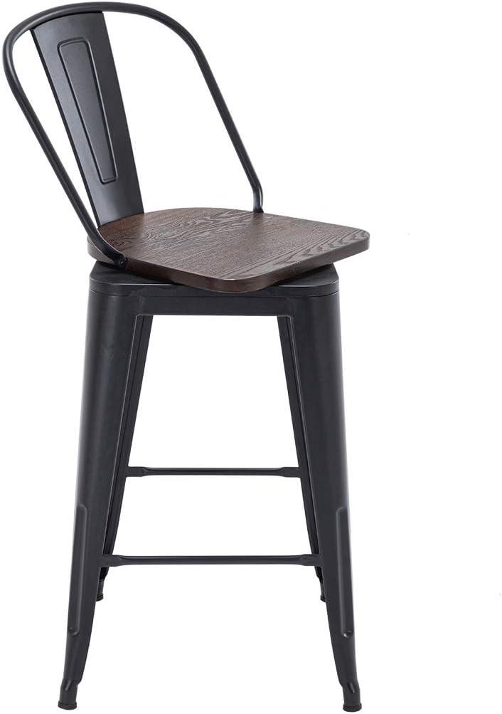 Andeworld Swivel Metal Bar Stools Set of 4 Counter Height Stools Counter Bar Stools with Back Swivel Metal Bar Chairs Wooded Seat 30 Inch Matte Black