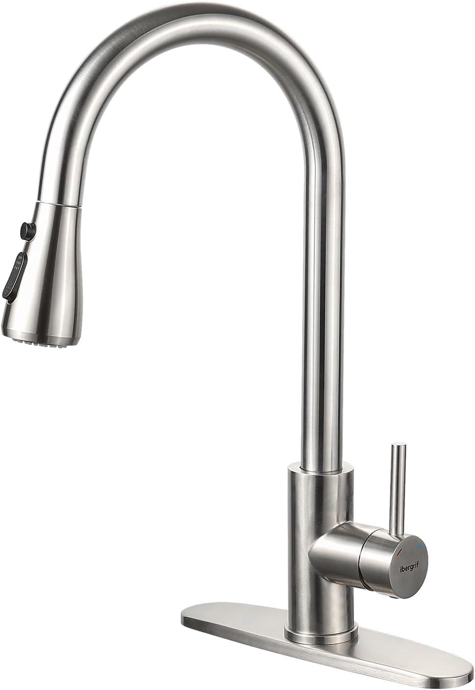 Brushed Nickel High Arc Stainless Steel Kitchen Faucet with Pull-out Spray