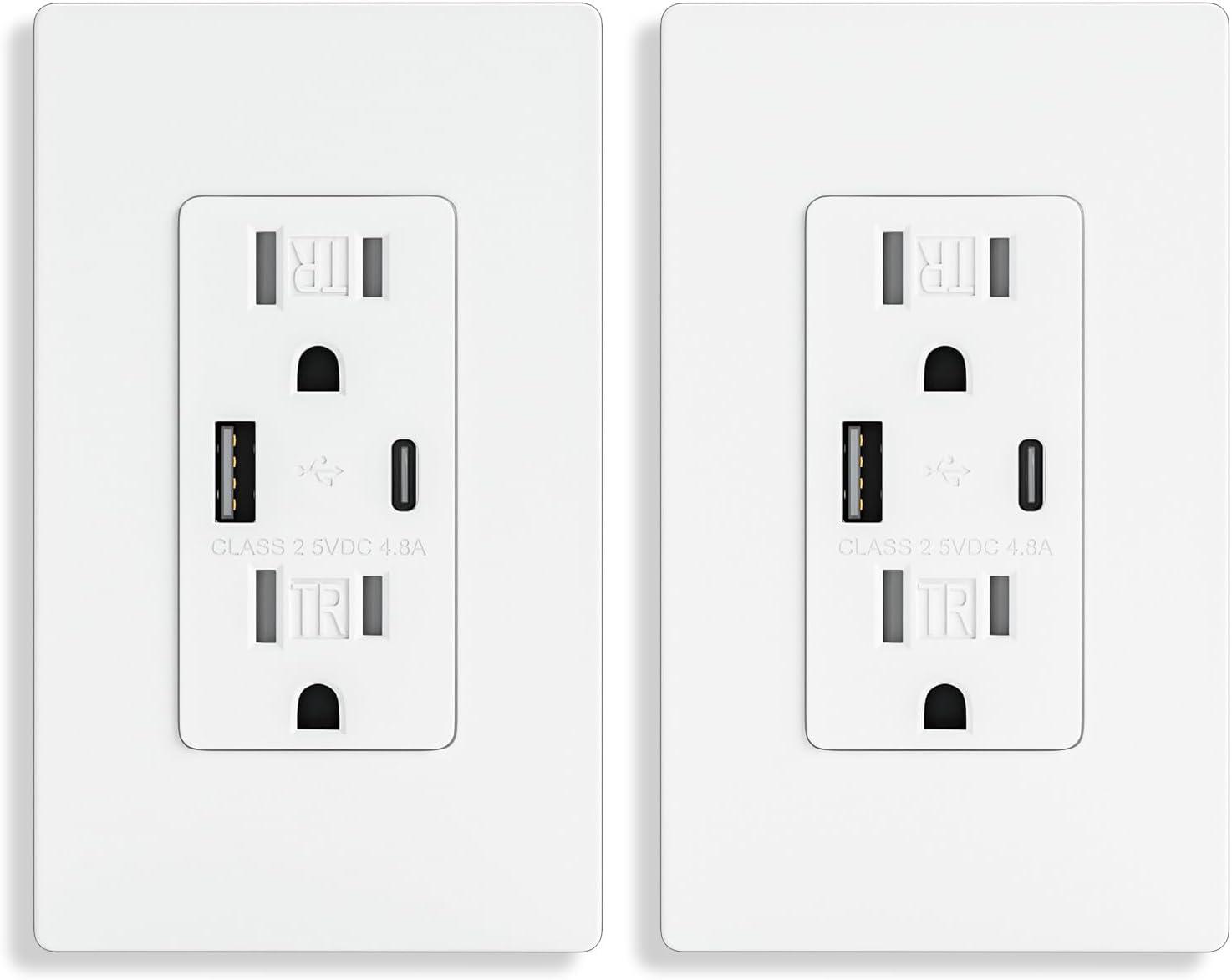 15A Tamper Resistant Duplex Outlet with USB Ports and Wall Plate, 2-Pack