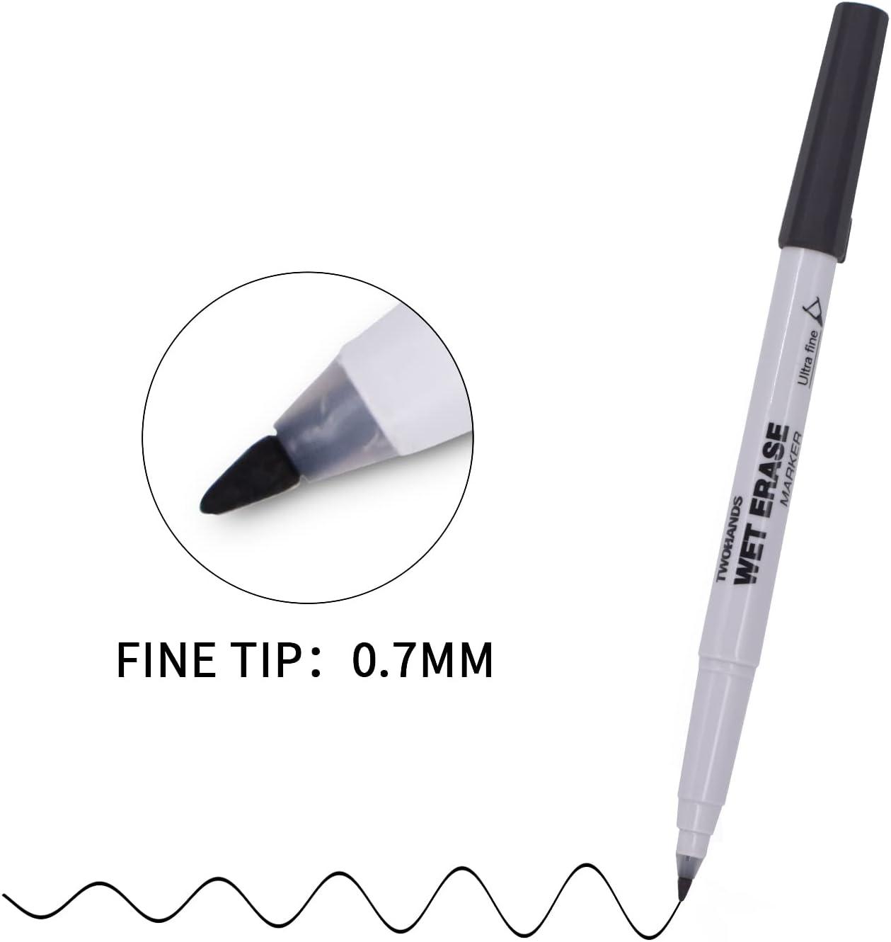 TWOHANDS Wet Erase Markers Ultra Fine Tip,0.7mm,Low Odor,Extra Fine Point,Black,Whiteboard Markers for Office,Home,or Planning Dry Erase Board,20710