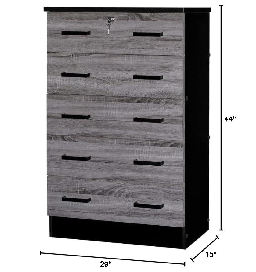 Cindy 5 Drawer Chest Wooden Dresser with Lock, Ebony Black