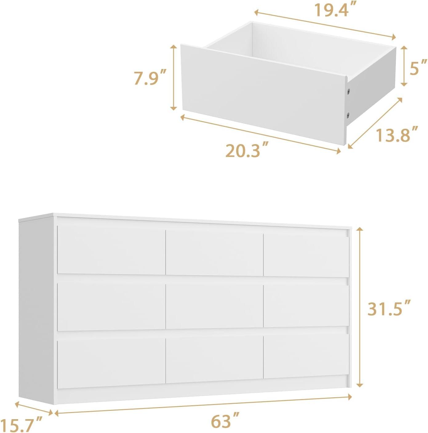 FUFU&GAGA White Modern Dresser for Bedroom 9 Drawers Wood Chest of Drawers