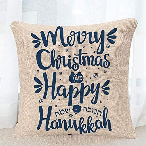 Throw Pillow Covers Festival Hand Written Lettering with Text Happy Hanukkah and Merry Christmas Hanuka Pillow Case 18x18 Inch Square Cushion Cover Pillowcase