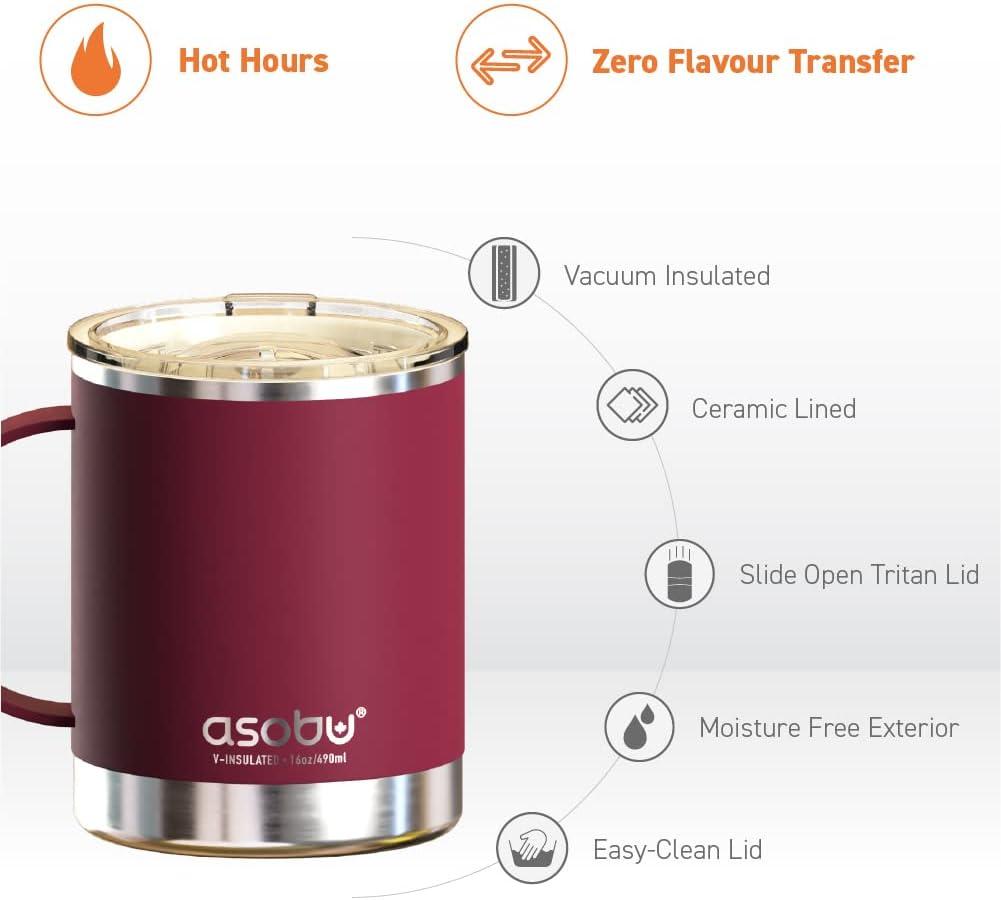 Asobu Ultimate Stainless Steel Ceramic Inner Coating Insulated Coffee Mug, 12 Ounces (Burgundy)