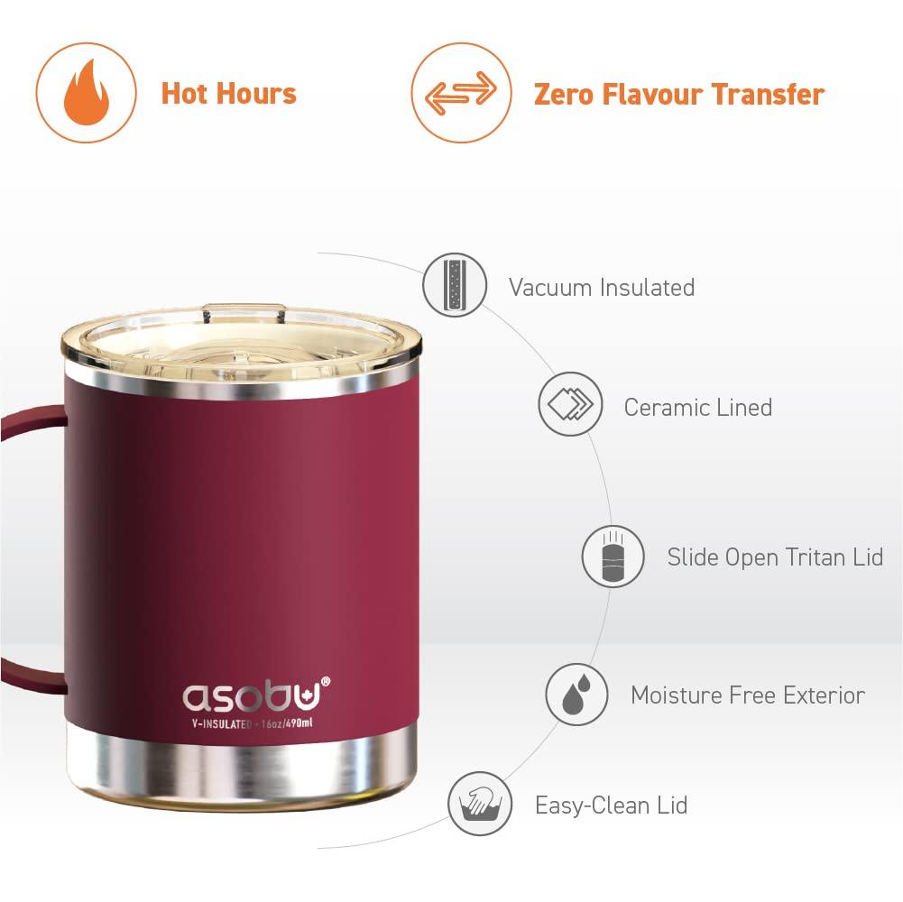 Asobu Ultimate Stainless Steel Ceramic Inner Coating Insulated Coffee Mug, 12 Ounces (Burgundy)