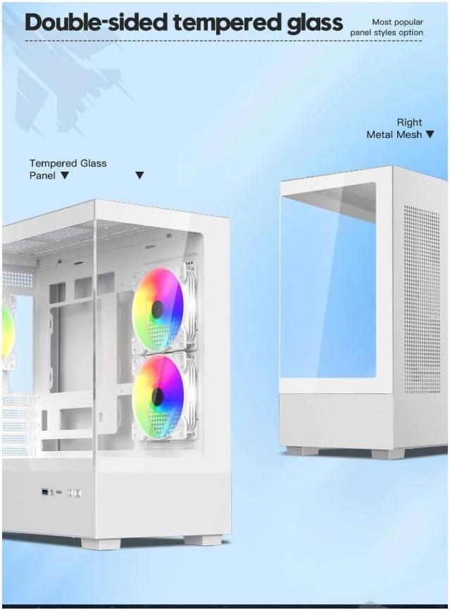 DIYPC ARGB-N1-W White USB3.0 /Type C Micro ATX Gaming Computer Case w/ Frameless Dual Tempered Glass Panel and 3 x ARGB 120mm Fans (Pre-Installed). Support 4090TI GPU and 360mm AIO