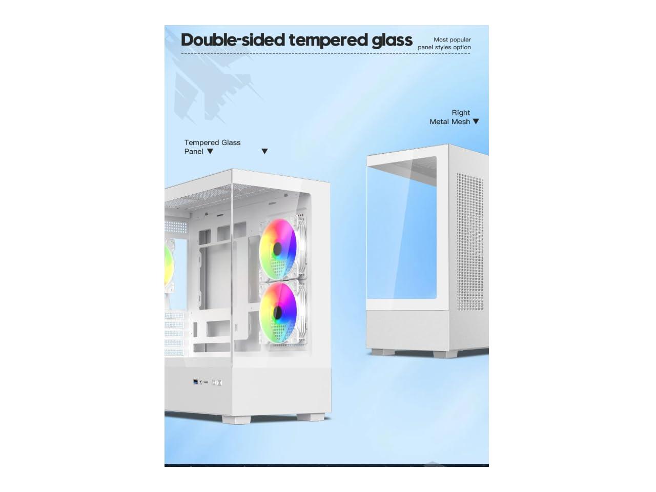 DIYPC ARGB-N1-W White USB3.0 /Type C Micro ATX Gaming Computer Case w/ Frameless Dual Tempered Glass Panel and 3 x ARGB 120mm Fans (Pre-Installed). Support 4090TI GPU and 360mm AIO