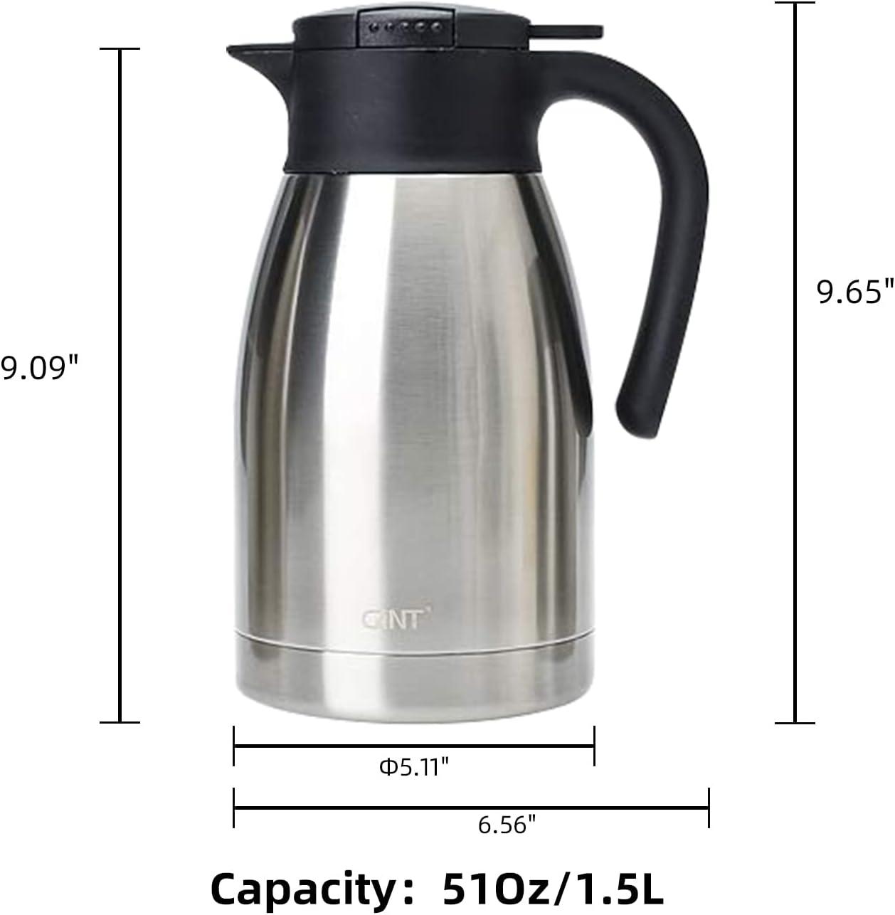 GiNT 51Oz Stainless Steel Thermal Coffee Carafe with Lid/Double Walled Vacuum Thermal Carafe / 12 Hour Heat Retention (Silver, 1.5L)