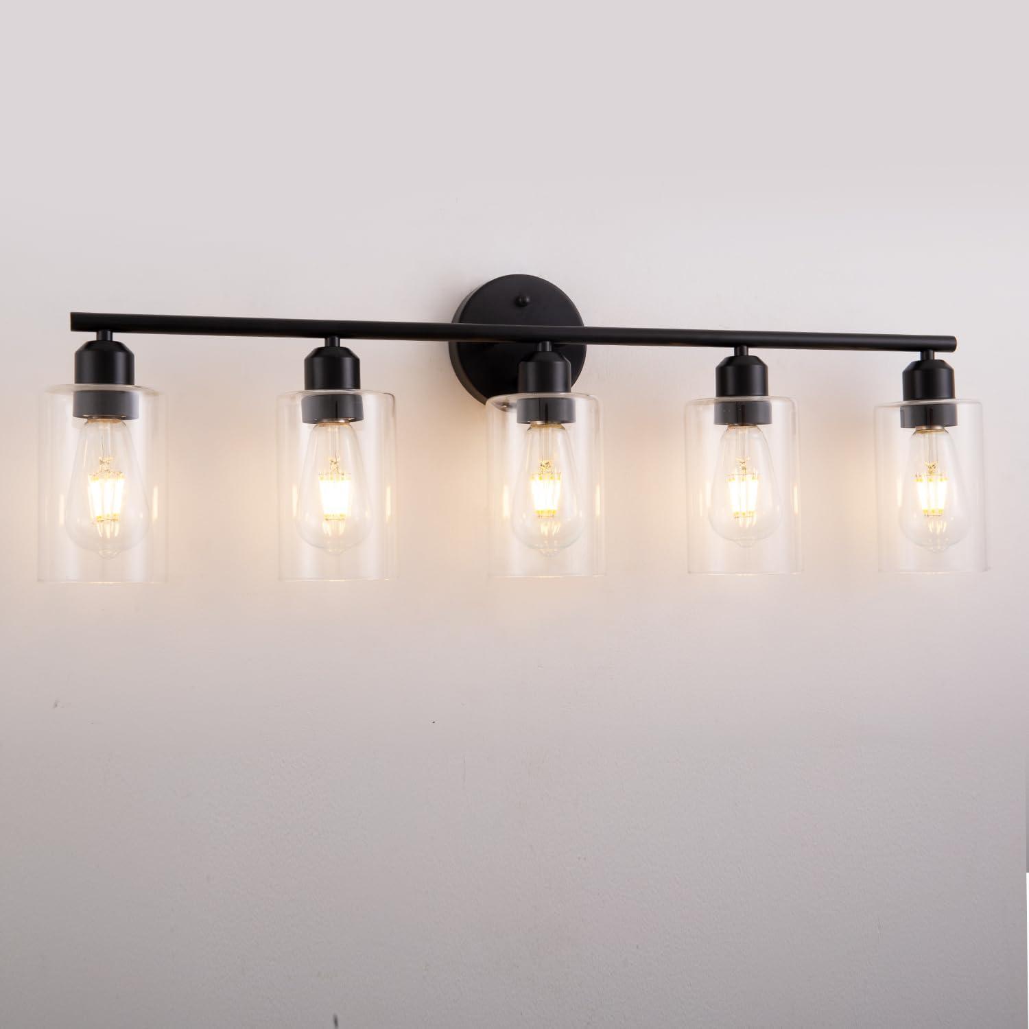 Matte Black 5-Light Bathroom Vanity Fixture with Glass Shades