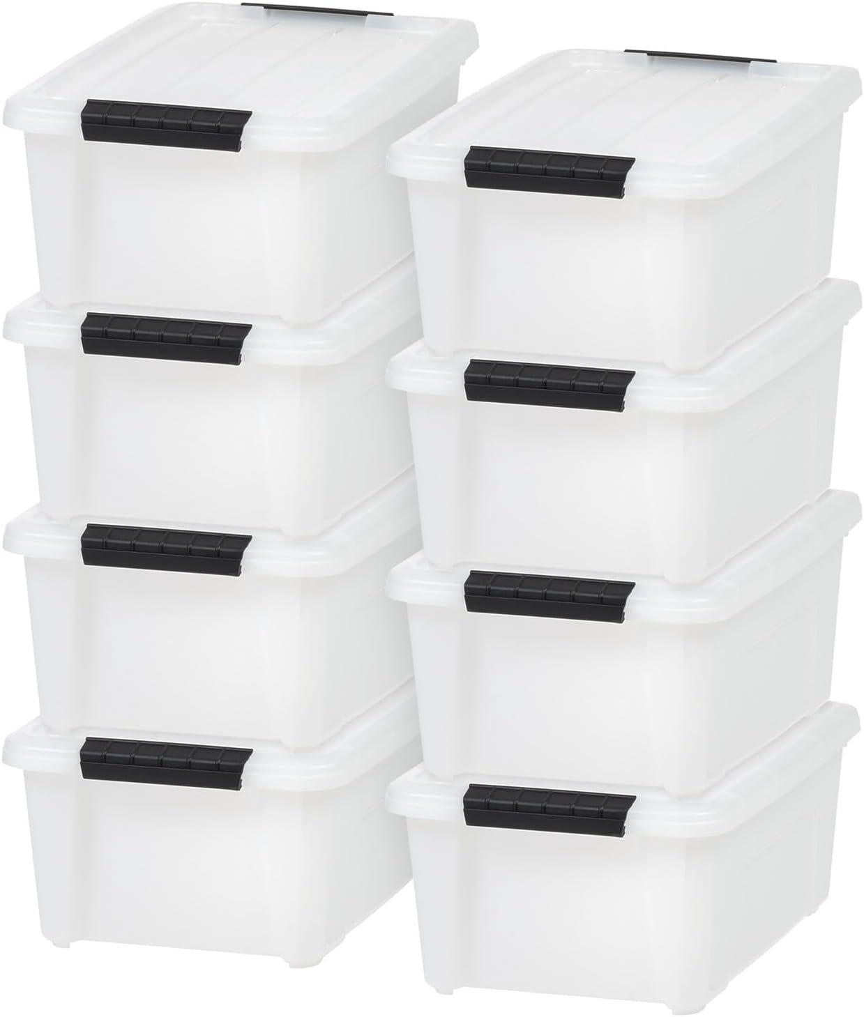 IRIS USA 8 Pack 13.5 Quart Stackable Plastic Storage Bins with Lids and Latching Buckles, Pearl, Containers with Lids and Latches