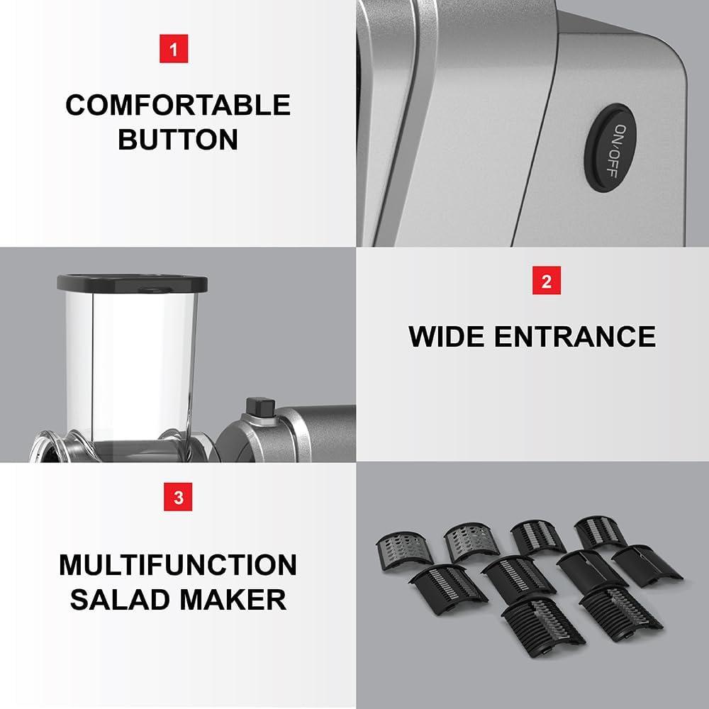 Ttak HOUSEWARE Electric Cheese Grater, 250W Professional Electric Slicer Shredder, One-Touch Control Electric Salad Machine Fruits, Vegetables, Cheeses, Salad Maker 5 Attachments Food Processor