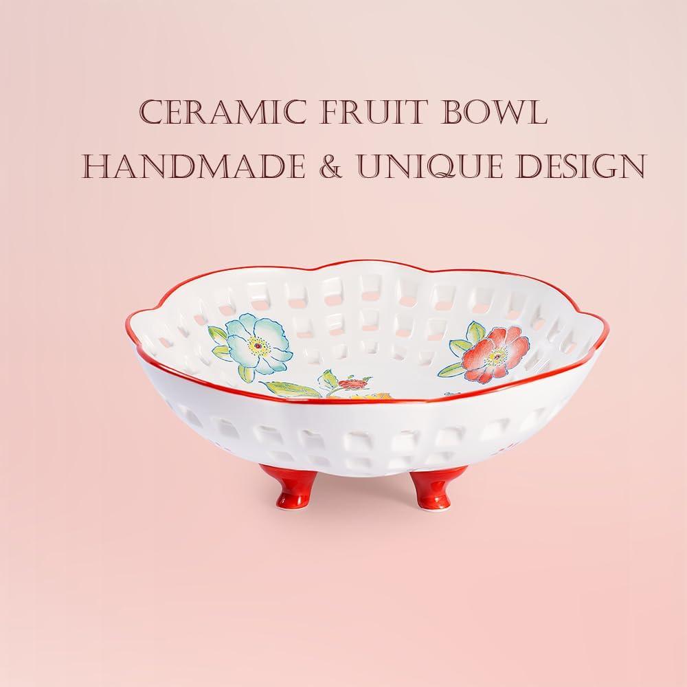 White and Red Ceramic Floral Pedestal Fruit Bowl, 10-inch