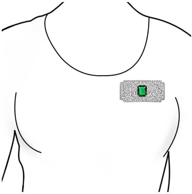 Bohemian Green CZ Rectangle Brooch Pin for Women Silver Plated Dainty Emerald Birthstone Vintage Filigree Geometric Brooches Lapel Pins Dress Accessories Wedding Mother's Birthday Jewelry Gift