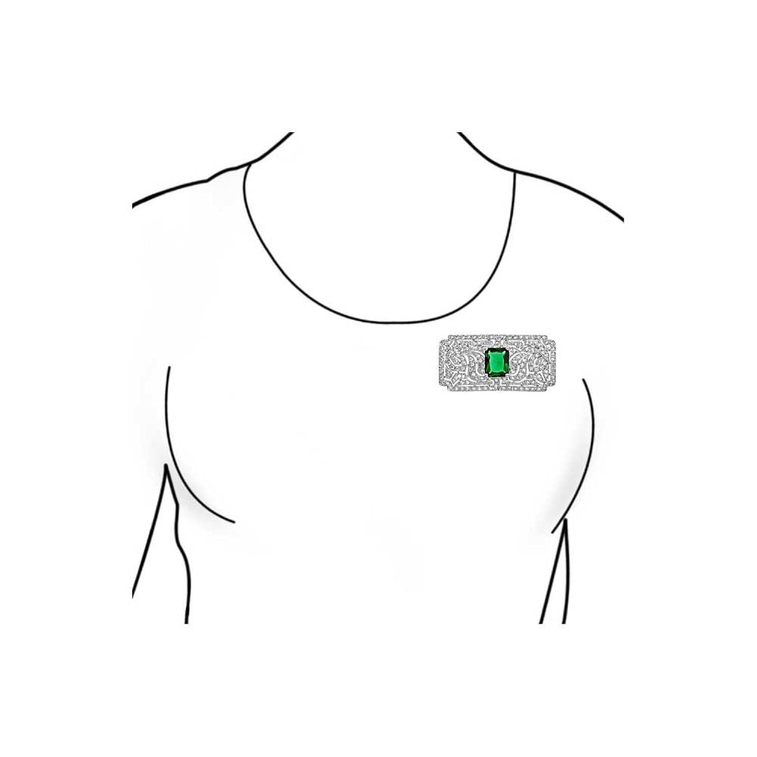 Bohemian Green CZ Rectangle Brooch Pin for Women Silver Plated Dainty Emerald Birthstone Vintage Filigree Geometric Brooches Lapel Pins Dress Accessories Wedding Mother's Birthday Jewelry Gift