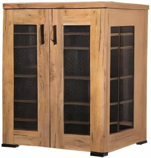 Golden Oak and Gunmetal Mesh Door Accent Cabinet