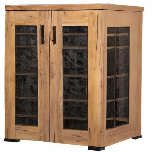 Golden Oak and Gunmetal Mesh Door Accent Cabinet