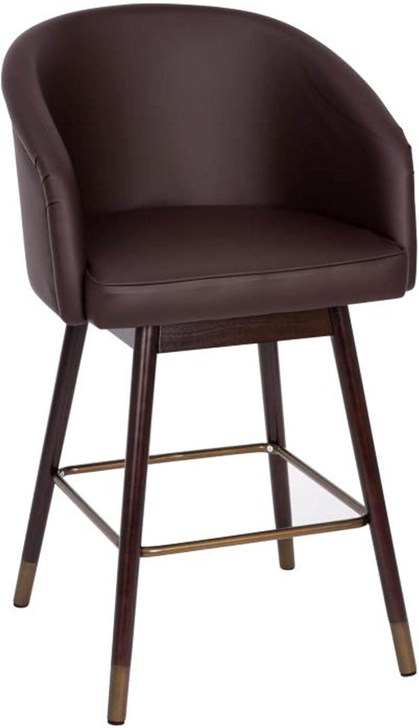 Walnut Finish Mid-Back Barstool with Brown LeatherSoft and Bronze Accents