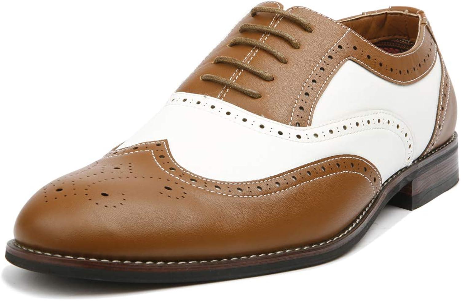 Brown and White Leather Wingtip Oxford Dress Shoes