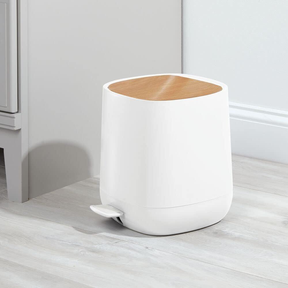 Modern 1.3/5 Liter Gallon Plastic Step Trash Can Wastebasket, Small Garbage Container Bin - for Bathroom, Powder Room, Bedroom, Kitchen, Craft Room - Removable Liner Bucket - White/Bamboo