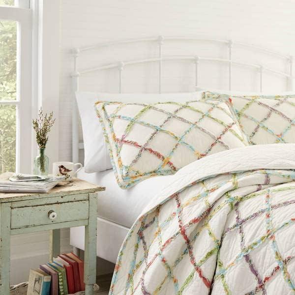 White Fringe Sham (Standard) - Laura Ashley: Cotton Diamond Pattern, Machine Washable, No Fill Pillow Cover