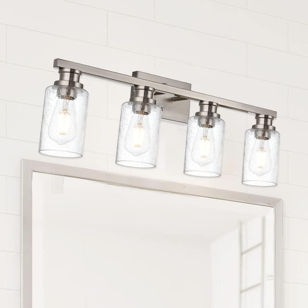 Melucee Brushed Nickel Industrial Bathroom Vanity Light Fixtures Over Mirror Seeded Glass 4 Lights Vintage Vanity Lights Farmhouse Bath Lighting