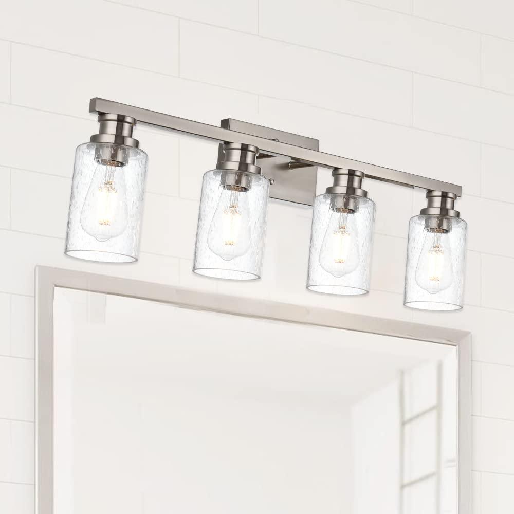 Melucee Brushed Nickel Industrial Bathroom Vanity Light Fixtures Over Mirror Seeded Glass 4 Lights Vintage Vanity Lights Farmhouse Bath Lighting