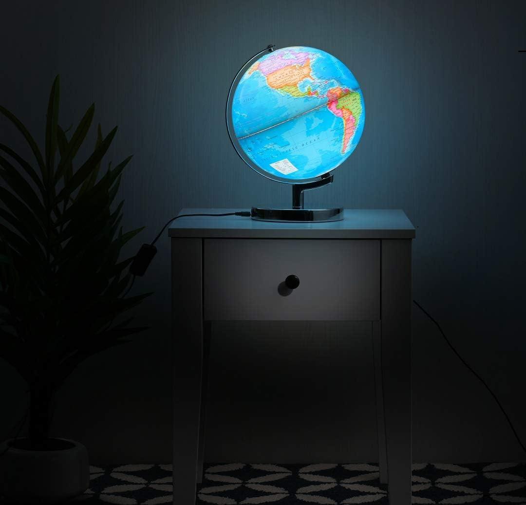 LED Illuminated 11" Tall Globe of The World with Sturdy Chrome Rotating Display Stand