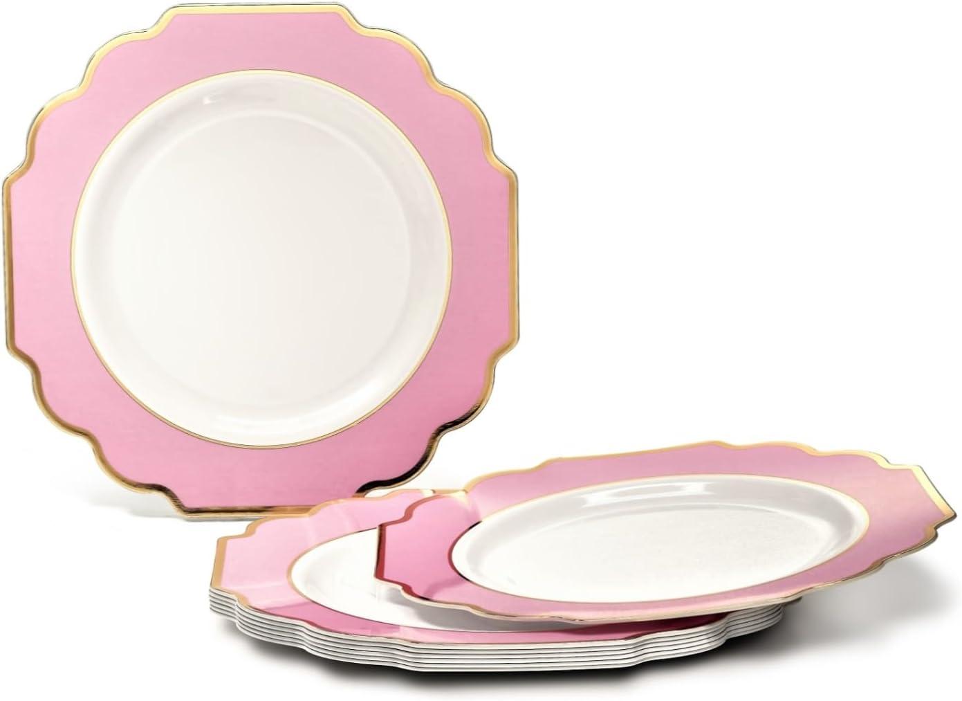 " OCCASIONS " 200 Piece set (25 Guests)-Wedding Plastic Plates & cutlery -Disposable heavyweight Dinnerware 10.5'', 8'' + Silverware + Cups + Napkins (Imperial in Rose Pink & Gold)