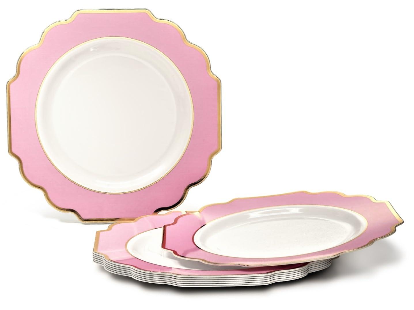 " OCCASIONS " 200 Piece set (25 Guests)-Wedding Plastic Plates & cutlery -Disposable heavyweight Dinnerware 10.5'', 8'' + Silverware + Cups + Napkins (Imperial in Rose Pink & Gold)
