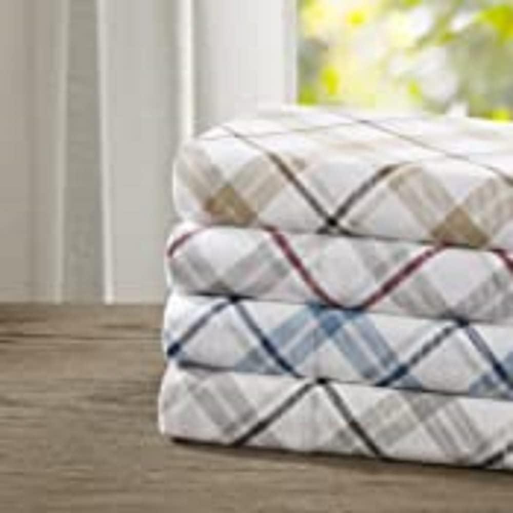 Comfort Spaces King Sheet Set, Flannel Bed Sheets King, 100% Cotton Bed Sheets Set with Deep Pocket, 4-Piece Plaid Blue
