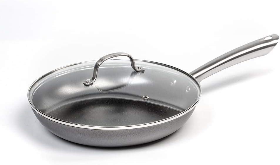 Lehman's Lightweight Cast Iron Skillet, Durable Nitrogen Hardened Cookware, No Need to Season, Cool Stainless Steel Handle, Heatproof Glass Lid, 11 in